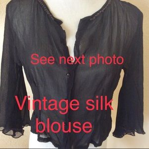 Silk blouse MCM blouse top sheer black blouse bell sleeves beaded silk blouse